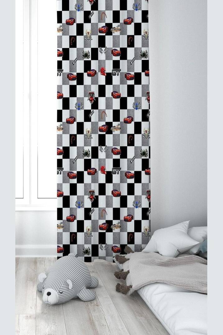 Pelangi Siyah Beyaz Yarış Arabası Desenli Dijital Baskı Yıkanabilir Bebek Çocuk Odası Fon Perdesi, siyah-kırmızı 140 x 200 - 1