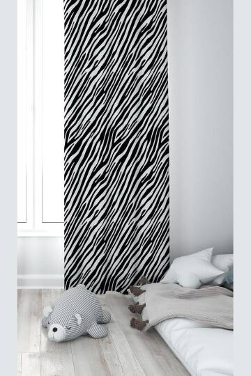 Pelangi Siyah Beyaz Zebra Desenli Dijital Baskı Yıkanabilir Bebek Çocuk Odası Fon Perdesi, siyah 70 x 240