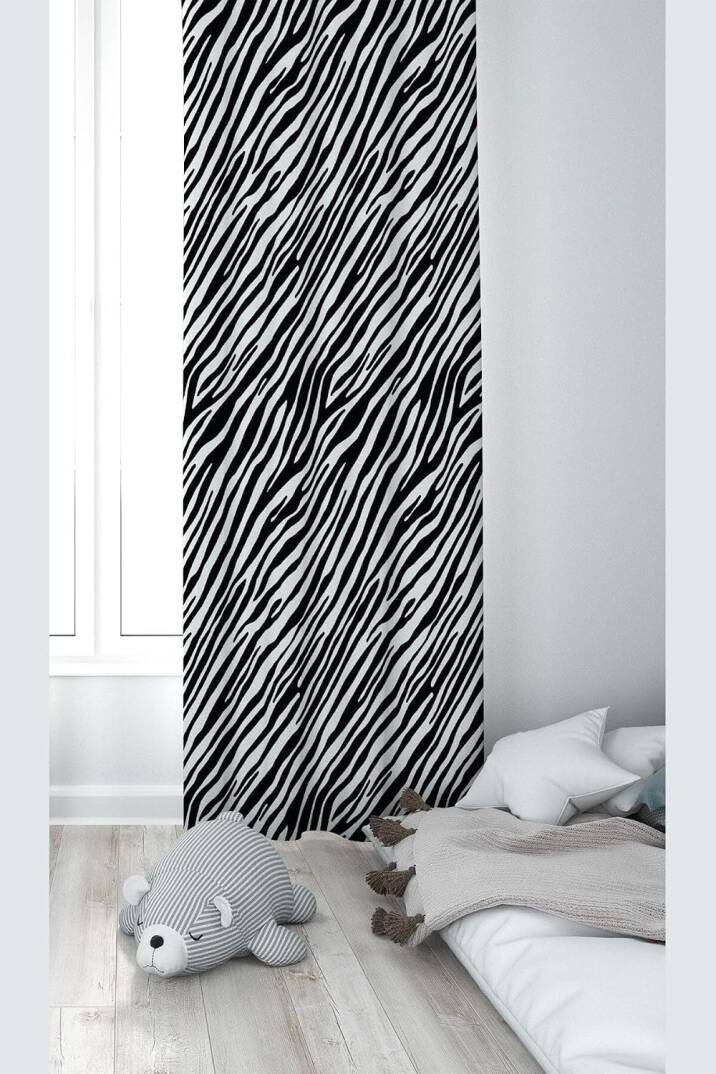 Pelangi Siyah Beyaz Zebra Desenli Dijital Baskı Yıkanabilir Bebek Çocuk Odası Fon Perdesi, siyah 70 x 240 - 1