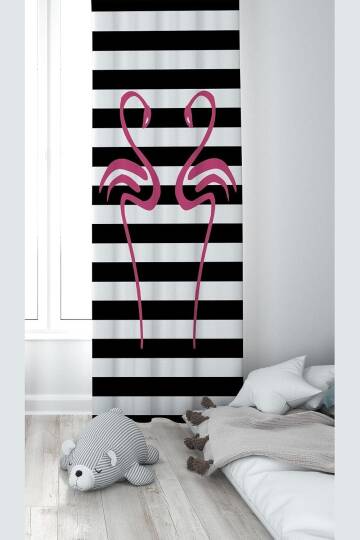 Pelangi Siyah Flamingo Desenli Dijital Baskı Yıkanabilir Bebek Çocuk Odası Fon Perdesi, fuşya-siyah 140 x 200