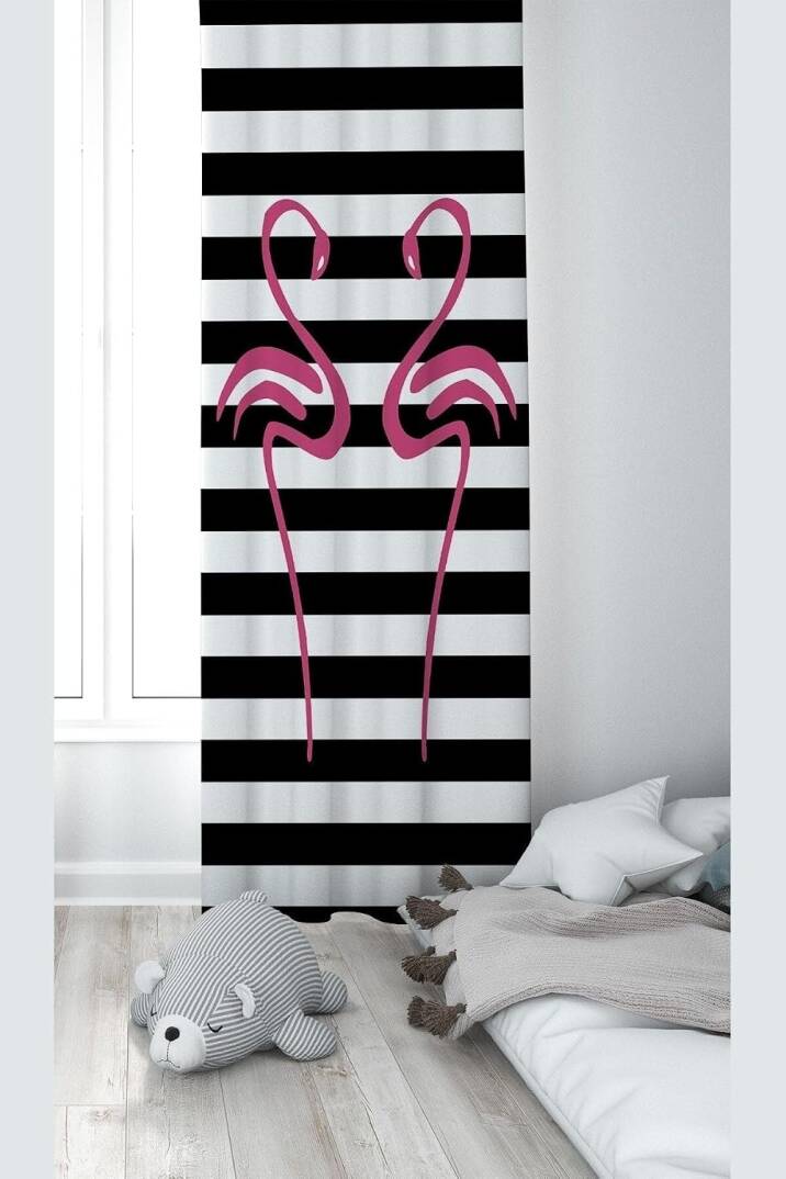 Pelangi Siyah Flamingo Desenli Dijital Baskı Yıkanabilir Bebek Çocuk Odası Fon Perdesi, fuşya-siyah 140 x 200 - 1