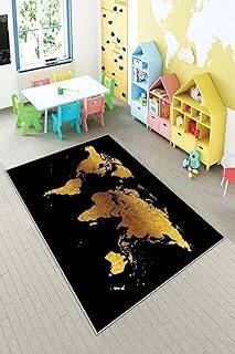 Pelangi Siyah Gold Dünya Işlemeli Yıkanabilir Kaymaz Taban Leke Tutmazbebek Ve Çocuk Odası Halısı, Siyah-Gold 160 x 250