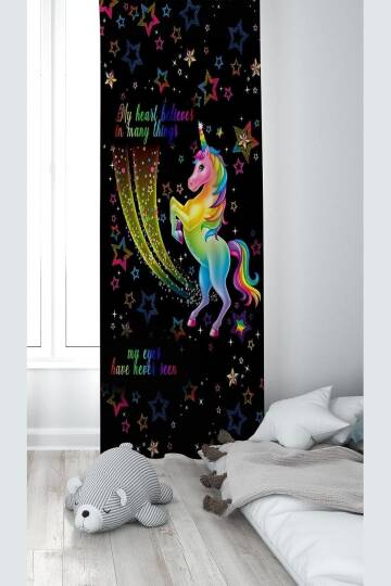Pelangi Siyah Unicorn Desenli Dijital Baskı Yıkanabilir Bebek Çocuk Odası Fon Perdesi, siyah 70 x 270