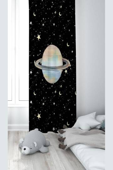 Pelangi Siyah Uzay Desenli Dijital Baskı Yıkanabilir Bebek Çocuk Odası Fon Perdesi, siyah-sarı 140 x 240