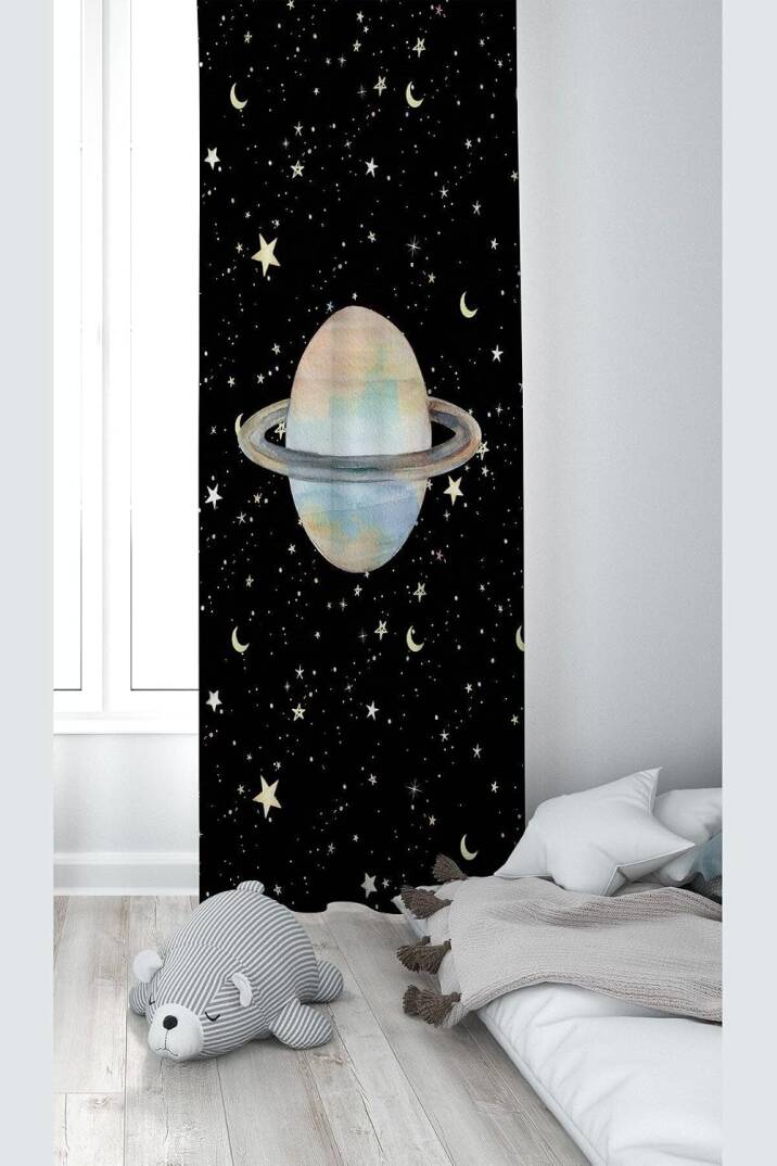 Pelangi Siyah Uzay Desenli Dijital Baskı Yıkanabilir Bebek Çocuk Odası Fon Perdesi, siyah-sarı 140 x 240 - 1