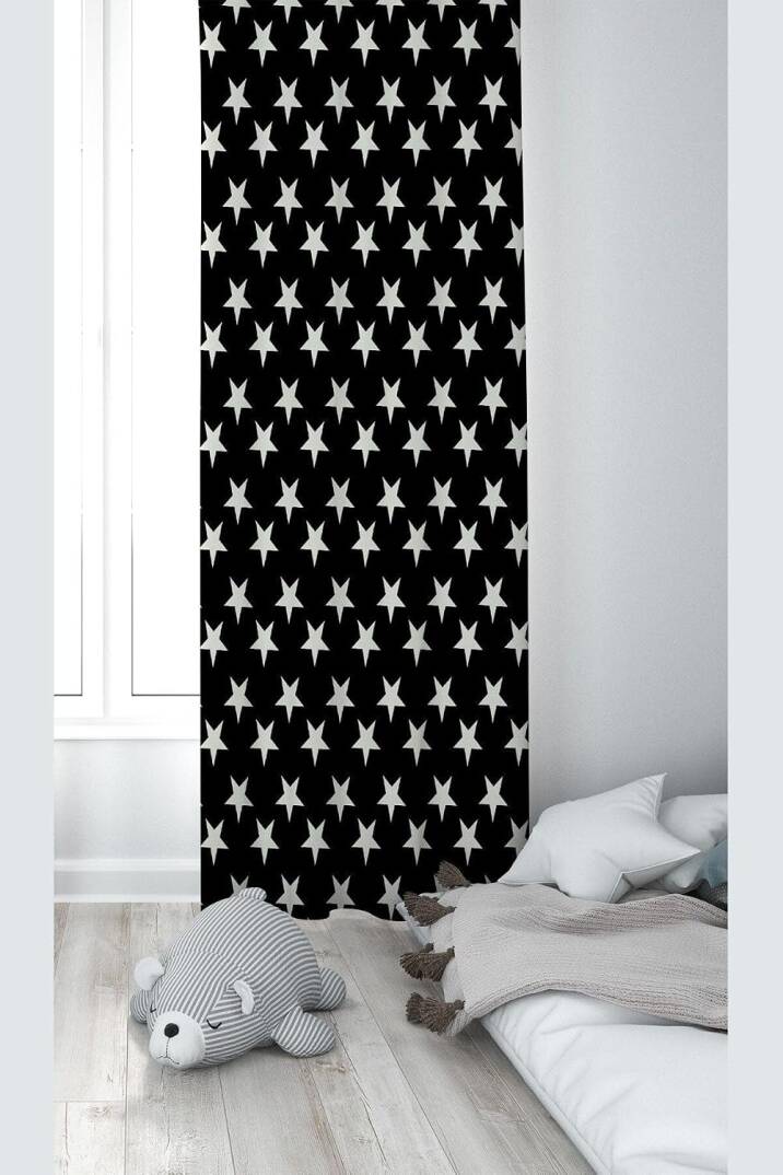 Pelangi Siyah Yıldız Desenli Dijital Baskı Yıkanabilir Bebek Çocuk Odası Fon Perdesi, siyah 140 x 200 - 1