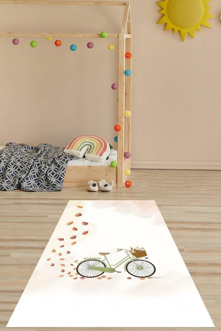 Pelangi Sonbahar Yaprakları Bisiklet Desen Yıkanabilir Kaymaz Taban Leke Tutmaz Çocuk Odası Halısı, Beyaz-Yeşil 60 x 120 - 1