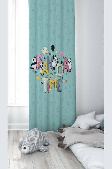 Pelangi Su Yeşili Panda Desenli Dijital Baskı Yıkanabilir Bebek Çocuk Odası Fon Perdesi, su yeşili 140 x 200