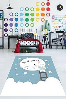 Pelangi Sweet Dream Yazılı Ay Yıldız Temalı Yıkanabilir Kaymaz Taban Leke Tutmaz Çocuk Odası Halısı, Mavi-Pembe-Beyaz 100 x 150