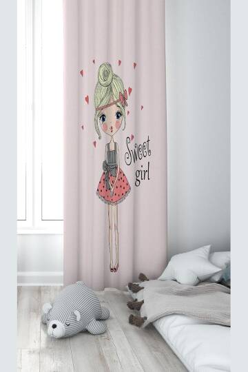 Pelangi Sweet Girl Desenli Dijital Baskı Yıkanabilir Bebek Çocuk Odası Fon Perdesi, pudra 140 x 240