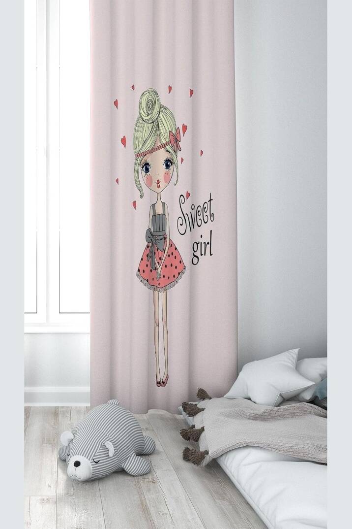 Pelangi Sweet Girl Desenli Dijital Baskı Yıkanabilir Bebek Çocuk Odası Fon Perdesi, pudra 140 x 240 - 1