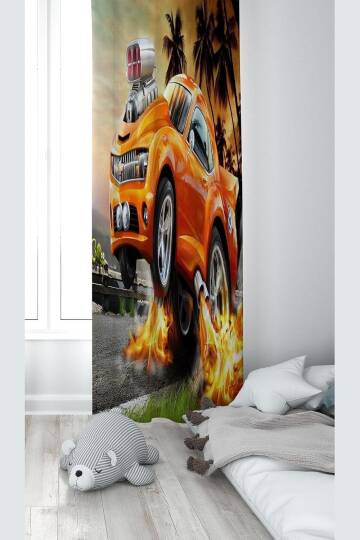 Pelangi Turuncu Araba Desenli Dijital Baskı Yıkanabilir Bebek Çocuk Odası Fon Perdesi, turuncu 140 x 270