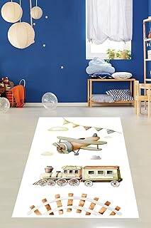 Pelangi Uçak Ve Tren Desenli Pastel Renkli Yıkanabilir Kaymaz Taban Leke Tutmaz Çocuk Odası Halısı, Beyaz-Yeşil-Kahverengi 100 x 400, 764205610040005 - 1