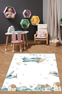 Pelangi Uçaklar Bulutlar Yıldızlar Yıkanabilir Kaymaz Taban Leke Tutmaz Çocuk Odası Halısı, Beyaz 80 x 600, 7642010708060005 - 1