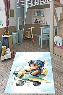 Pelangi Uçan Ayıcık Pilot Ayı Uçak Desen Yıkanabilir Kaymaz Taban Leke Tutmaz Çocuk Odası Halısık, Mavi-Yeşil 60 x 120, 7642022601201