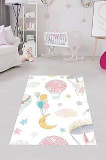 Pelangi Uçan Balon Bulut Desenli Halı Dijital Baskı Yıkanabilir Kaymaz Taban Leke Tutmaz Çocuk Odası Halısı, Beyaz 100 x 350