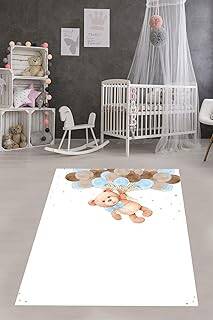 Pelangi Uçan Balon Tutan Sevimli Ayıcıklı Yıkanabilir Kaymaz Taban Leke Tutmaz Çocuk Odası Halısık, Mavi-Kahve-Beyaz 100 x 150, 76420201001501 - 1