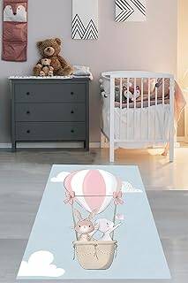 Pelangi Uçan Balon ve Sevimli Tavşanlar Yıkanabilir Kaymaz Taban Leke Tutmaz Çocuk Odası Halısık, Mavi-Pembe-Beyaz 120 x 160 - 1