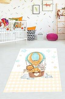 Pelangi Uçan Balonda Fil Aslan Zürafa ve Yıldızlı Yıkanabilir Kaymaz Taban Leke Tutmaz Çocuk Odası Halısık, Beyaz 180 x 250, 76420451802501 - 1