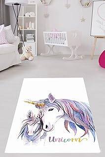 Pelangi Unicorn At Desenli Halı Dijital Baskı Yıkanabilir Kaymaz Taban Beyaz Çocuk Odası Halısı, Mavi-Beyaz 80 x 350 - 1