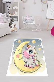 Pelangi Unicorn Ay Yıldız Desenli Dijital Baskı Yıkanabilir Kaymaz Taban Çocuk Odası Halısı, Sarı-Gri 80 x 50 - 1