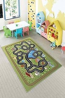 Pelangi Yeşil Araba Yollu Yıkanabilir Kaymaz Taban Leke Tutmaz Bebek Ve Çocuk Odası Halısı, Koyu Yeşil-Siyah 100 x 150, 901357019100150