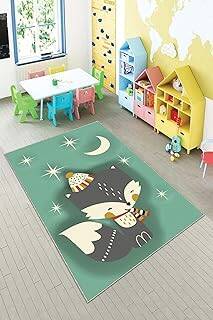 Pelangi Yeşil Rakun Desenli Yıkanabilir Kaymaz Taban Leke Tutmazbebek Ve Çocuk Odası Halısı, Yeşil-Gri 80 x 600 - 1