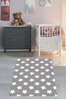 Pelangi Yıldız Desenli Gri Yıkanabilir Kaymaz Taban Leke Tutmaz Çocuk Odası Halısı, Gri-Beyaz 100 x 600, 9038680054100600