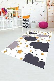 Pelangi Yıldız Ve Bulut Desenli Dijital Baskılı Kaymaz Taban Yıkanabilir Çocuk Odası Halısı, Beyaz-Mavi 100 x 600 - 1