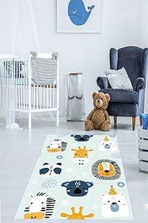 Pelangi Zebra Zürafa Aslan Ayı Desenli Dijital Baskı Yıkanabilir Kaymaz Taban Leke Tutmaz Çocuk Odası Halısı, Koyu-Açık Mavi 160 x 300