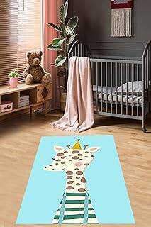 Pelangi Zürafa Desenli Benekli Dijital Baskılı Kaymaz Taban Yıkanabilir Çocuk ve Mavi Bebek Odası Halısı, Turkuvaz 100 x 200 - 1